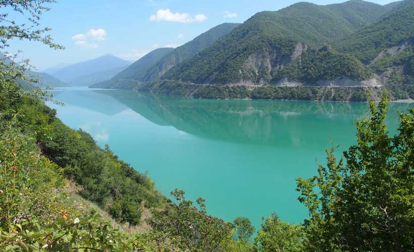 Zhinvali reservoir with it's emerald green waters