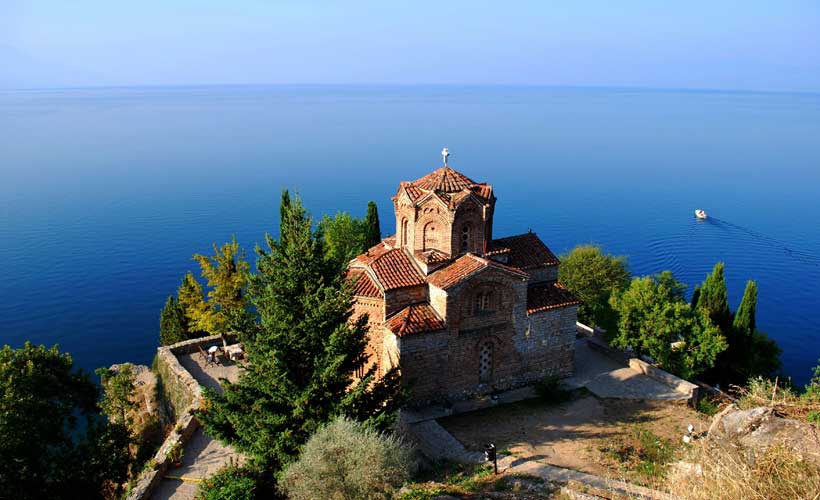 Old church perched above lake Ohrid in Montenegro