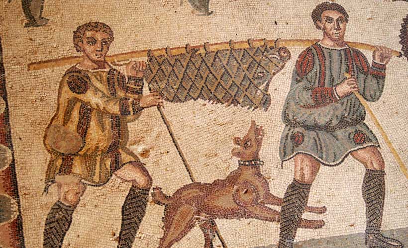 Mosaic of two men carrying wild boar
