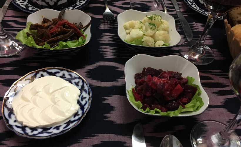 Small bowls of food in Bukhara